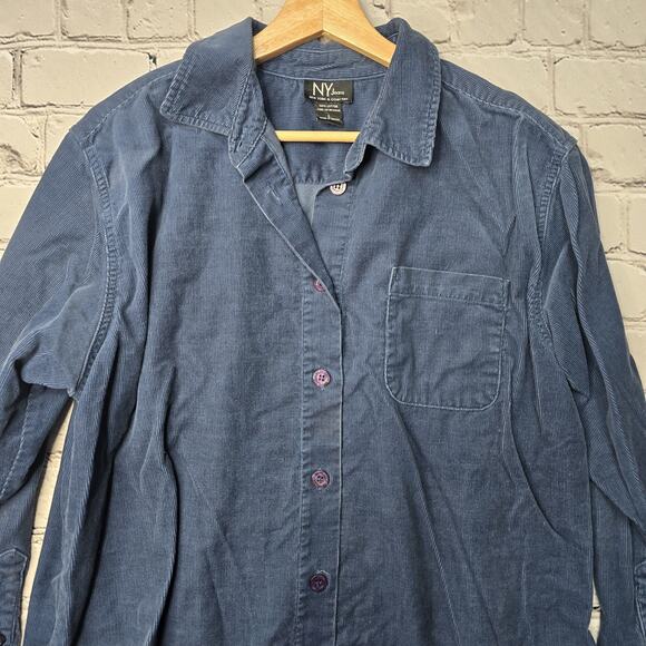 Vintage 90s NY Jeans 100% Cotton Corduroy Blue Long Sleeve Button Up Blouse L - Picture 3 of 10